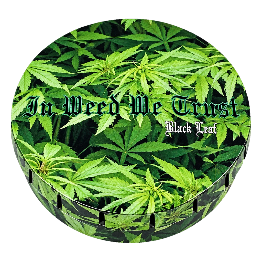 Black Leaf – Scatolina clic-clac in metallo In Weed We Trust – Ø 55 mm