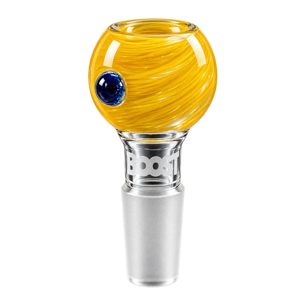 Boost – bowl in vetro giallo a camera larga con pomello blu SG 18, vista laterale