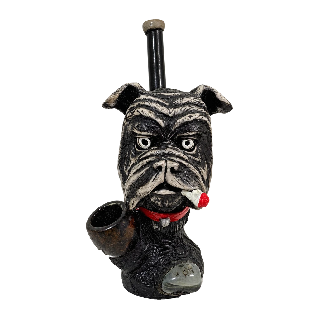 Pipa artigianale a forma di bulldog con sigaro e collare rosso