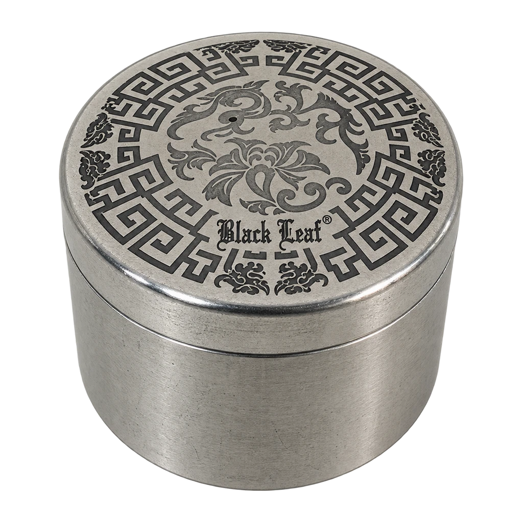 Black Leaf – contenitore in metallo con coperchio decorato, Ø 60 mm, chiuso