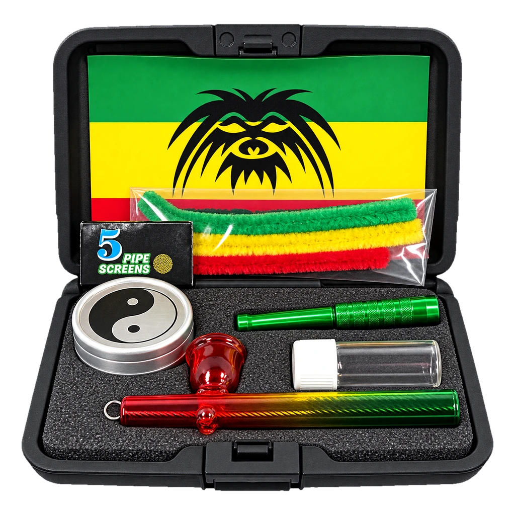 Kit regalo rasta in valigetta con pipa, grinder e accessori