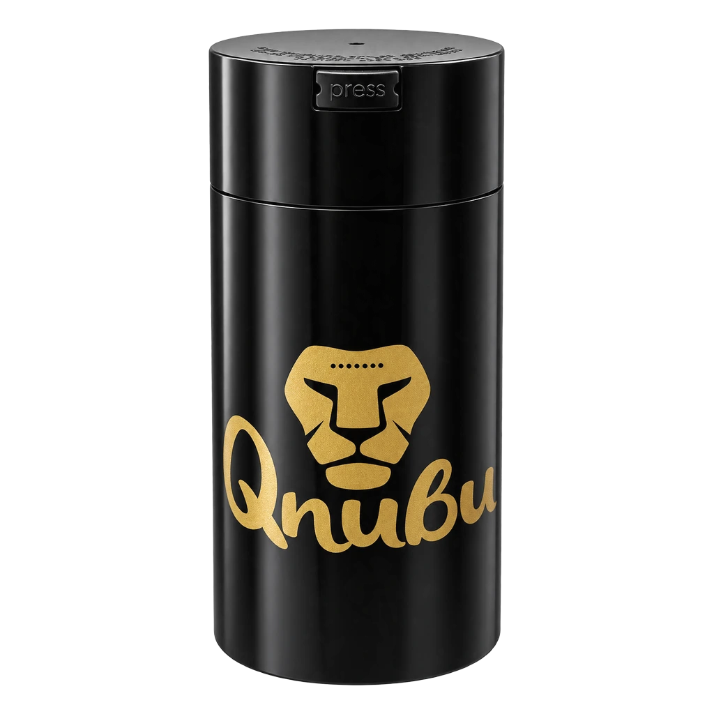 Contenitore sottovuoto Qnubu nero con logo oro e pulsante press